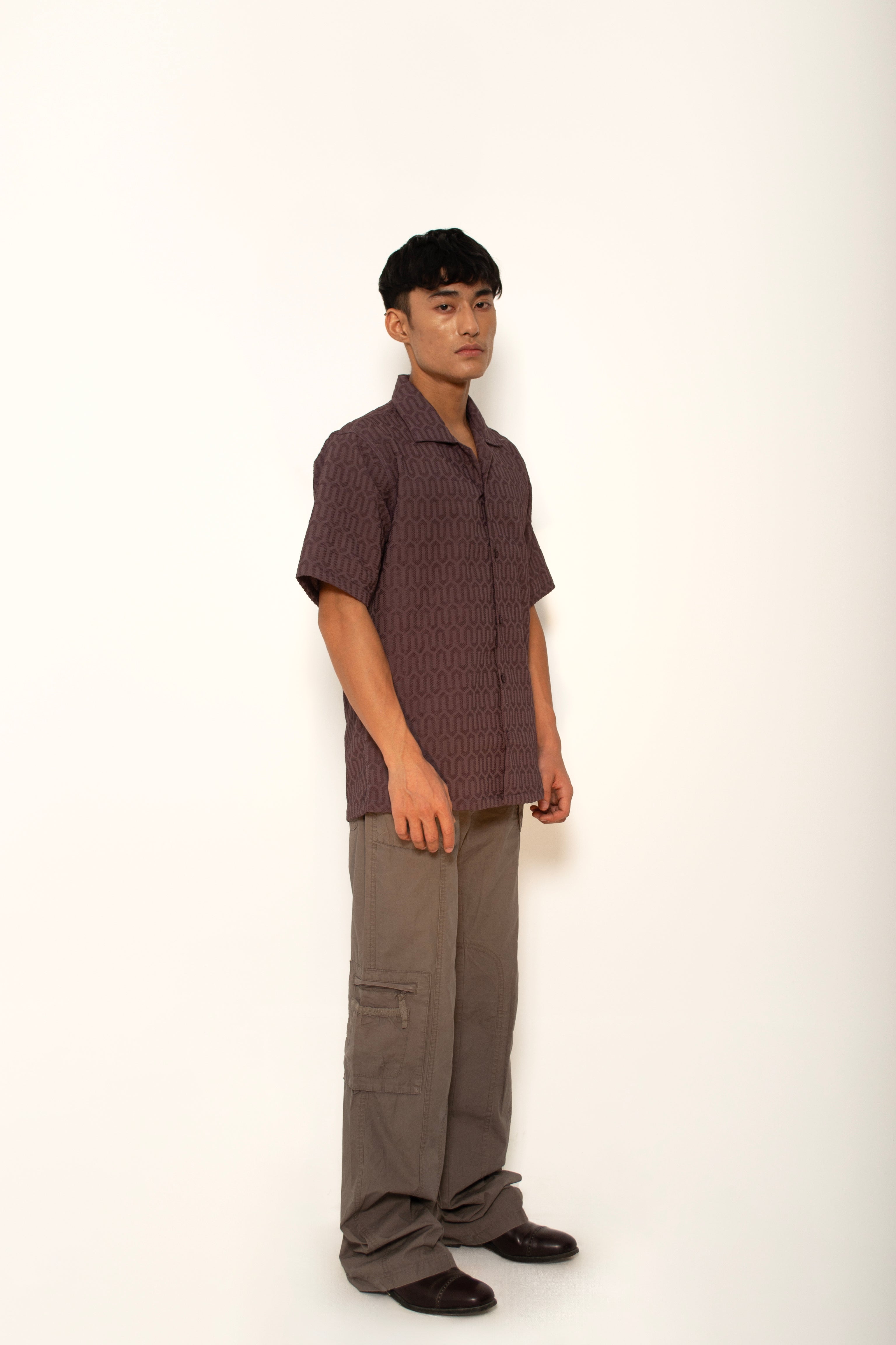 Coffee Grid Knitted Shirt